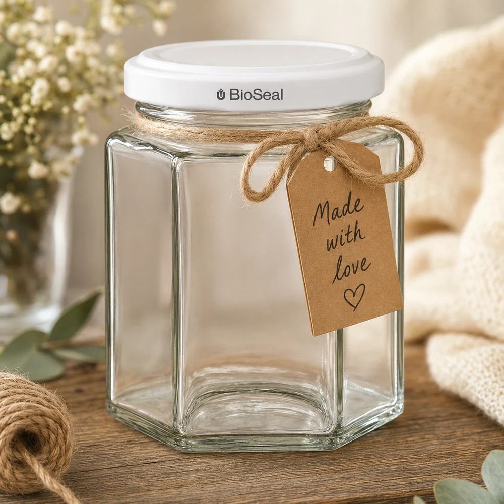 196ml Verre hexagonal avec couvercle BioSeal blanc UNiTWIST 196ml Verre hexagonal avec couvercle BioSeal blanc UNiTWIST