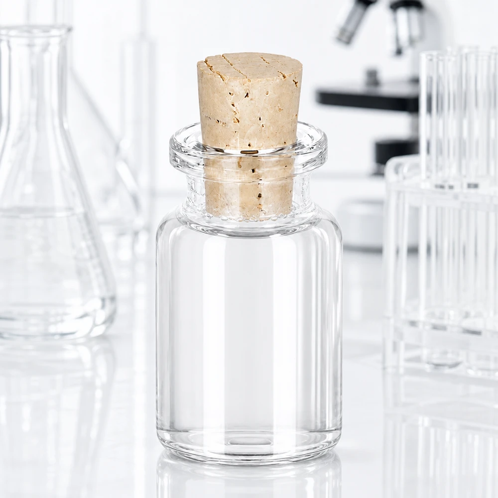 Flacon en verre clair 10 ml avec bouchon de liège 11/14 mm Medizinflasche 10ml Klarglas mit eingestecktem Naturkork vor Laborausstattung