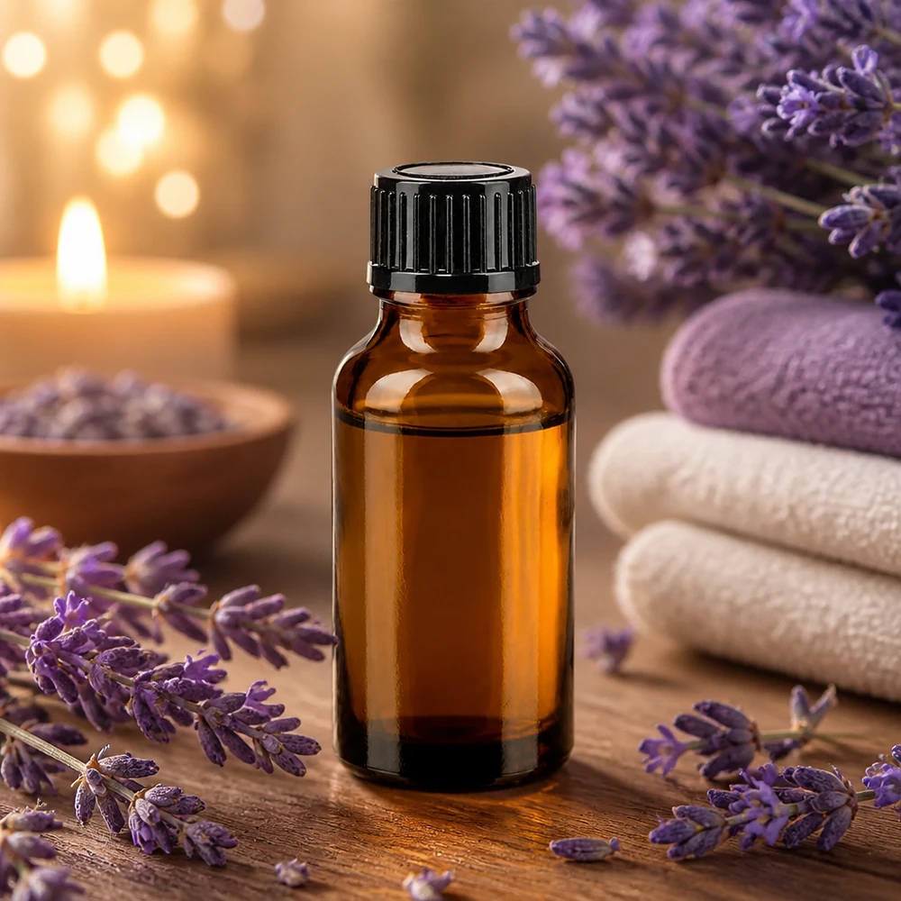 Flacon à pharmacie marron 20ml bouchon vissable noir standard Petit flacon de pharmacie marron de 20 ml orné de fleurs de lavande sur fond de bois
