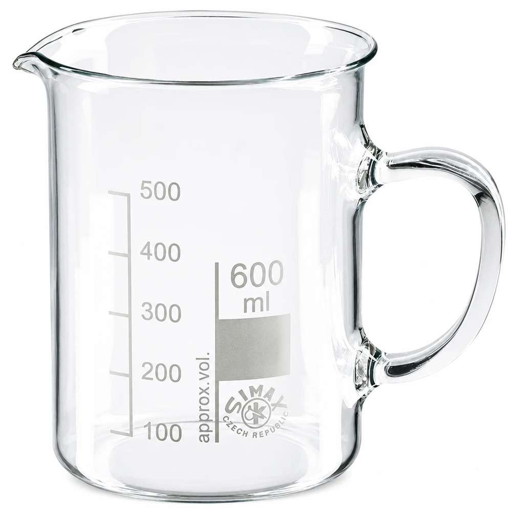Bécher avec poignée 600ml en verre borosilicate résistant à la chaleur (forme normale) Bécher de 600 ml en verre borosilicaté, muni d'une anse et d'une graduation en millilitres jusqu'à 500 ml