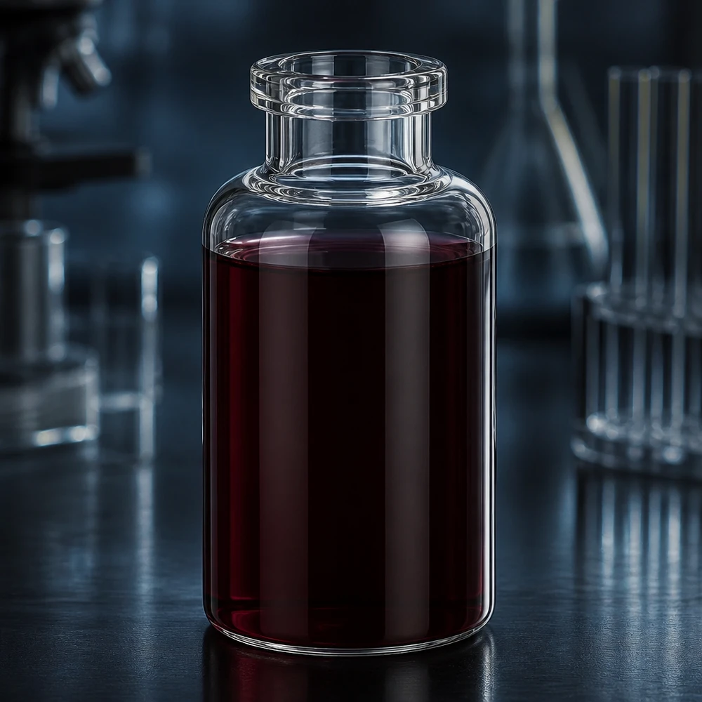 Flacon pour solution injectable, 30 ml en verre clair Medizinische Klarglasflasche 30ml fast vollständig befüllt mit dunkelroter Injektionslösung
