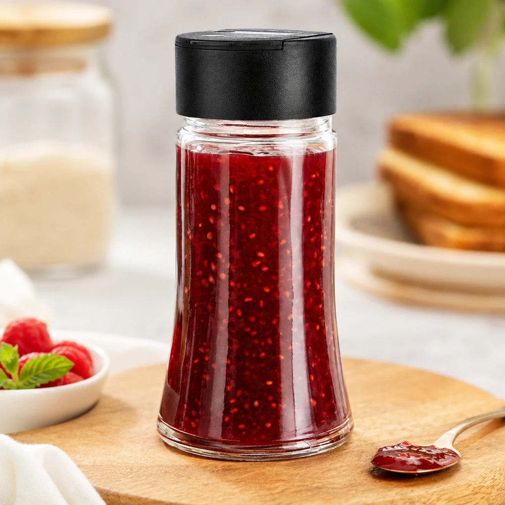 Pot à sel/épices 95 ml avec double saupoudreuse, noir Confiture de framboises dans un bocal en verre transparent de 95 ml muni d'un couvercle noir à double saupoudreuse, posée sur une planche en bois avec une tranche de pain grillé