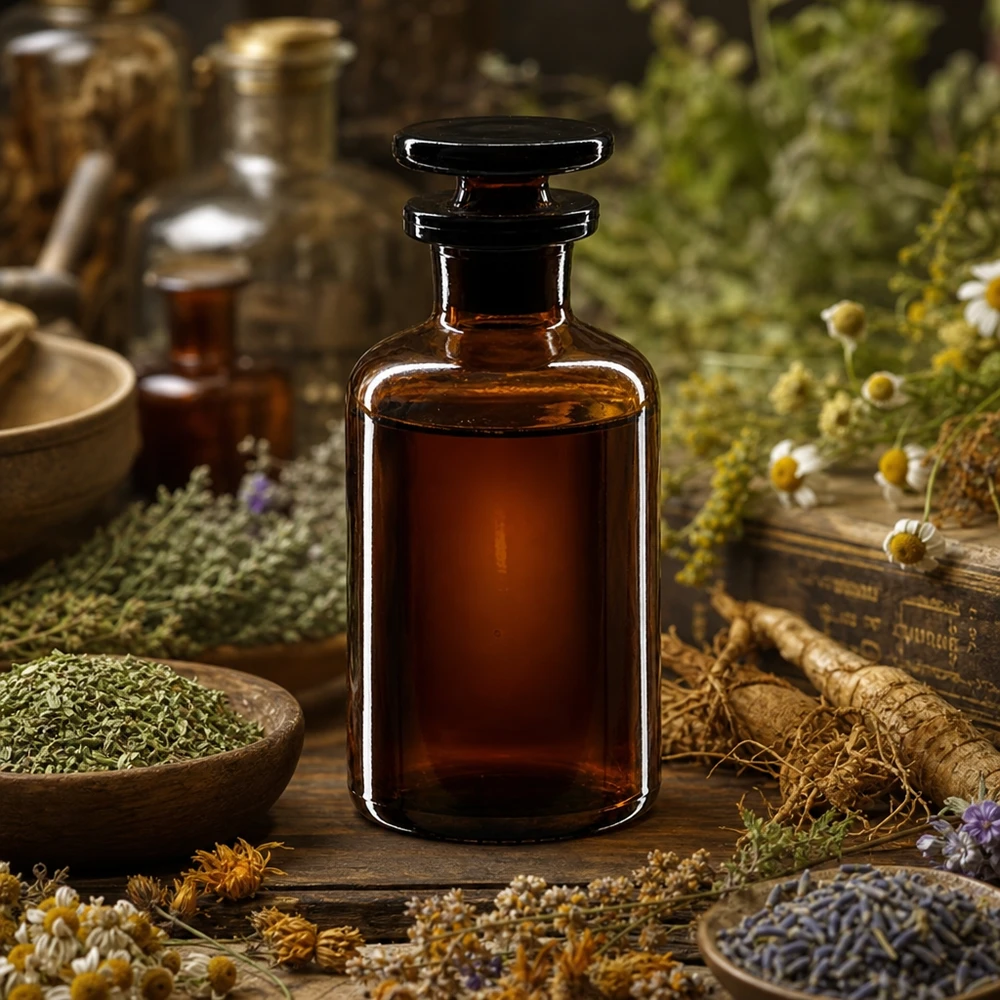 Flacon pharmaceutique 50 ml col étroit en verre ambré + bouchon Flacon à épaulements arrondis de 50 ml en verre ambré, à col étroit et muni d'un bouchon en verre, destiné aux extraits d'herbes