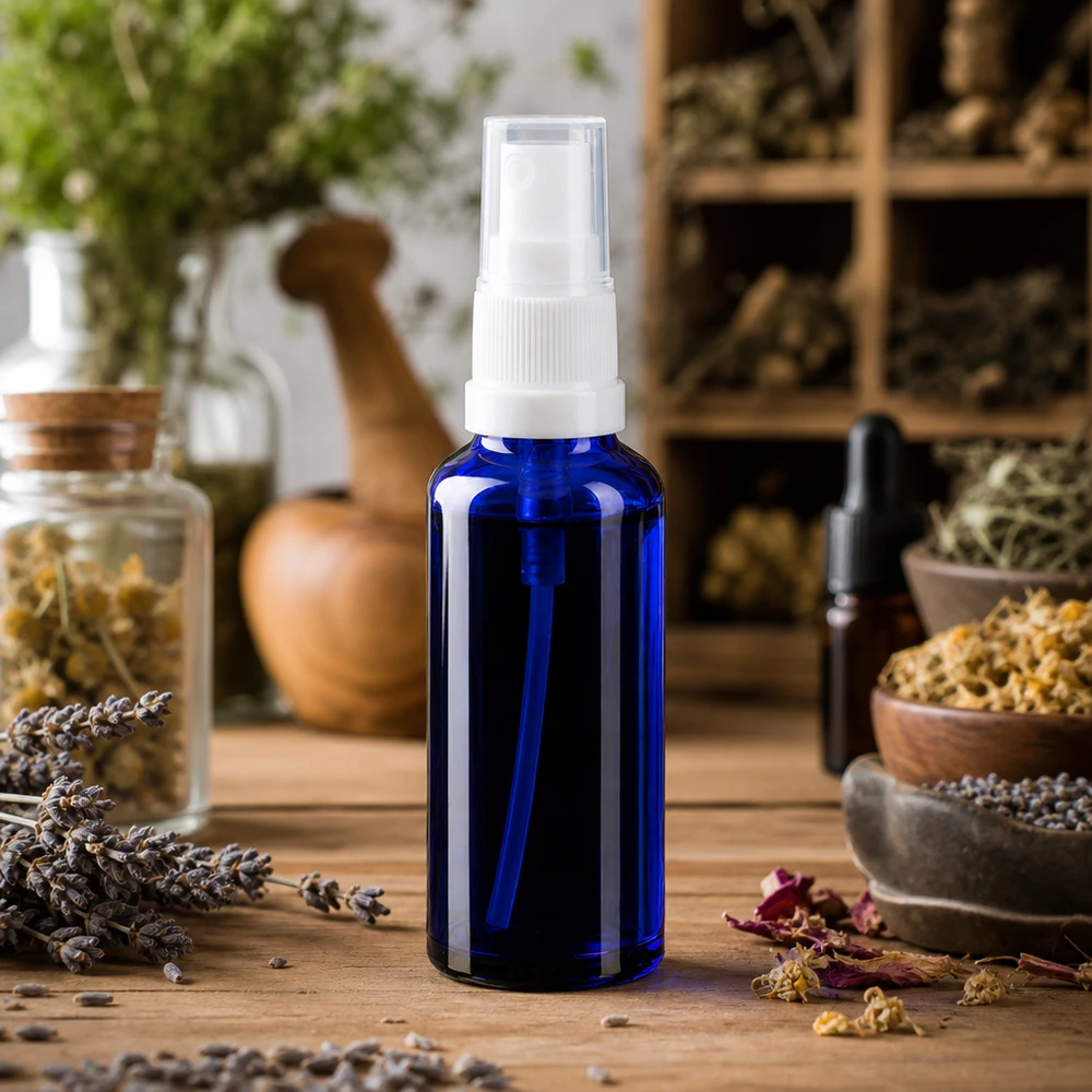 Flacon vaporisateur en verre borosilicaté bleu de 10 ml muni d'une pompe blanche, parmi des herbes séchées