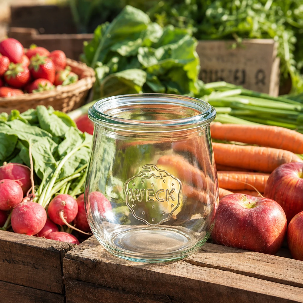 220ml bocal tulipe WECK RR60 WECK Pot tulipe 220ml RR60 vide entre légumes frais fruits sur caisse bois ambiance cuisine rustique
