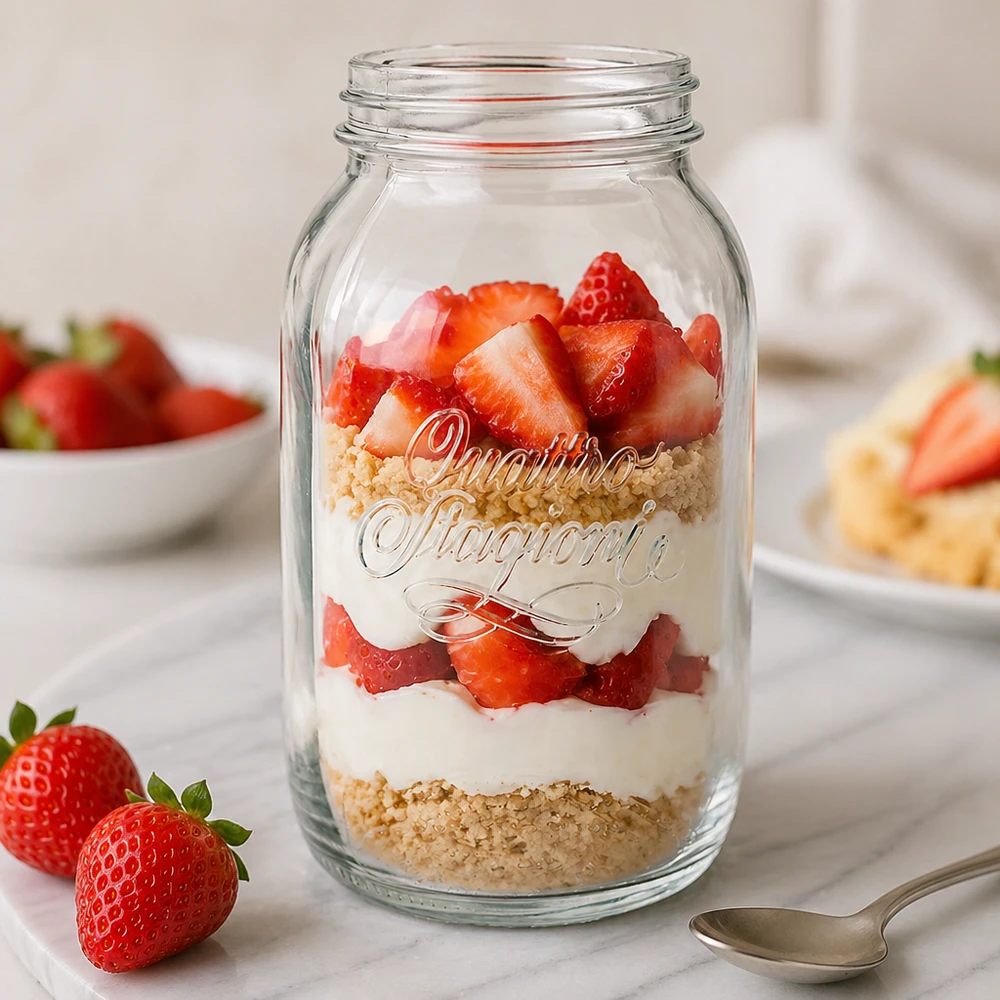 1500ml Verre rond 'Quattro Stagioni' QS86mm Quattro Stagioni 1500ml Einmachglas mit Schichtdessert aus Erdbeeren und Creme - perfekt für Meal Prep und Aufbewahrung