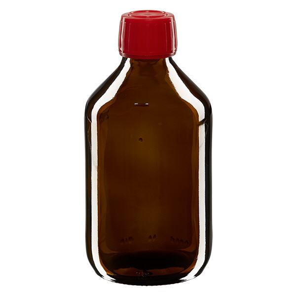 Flacon médical 250 ml couleur ambrée avec bouchon rouge Flacon médical 250 ml couleur ambrée avec bouchon rouge