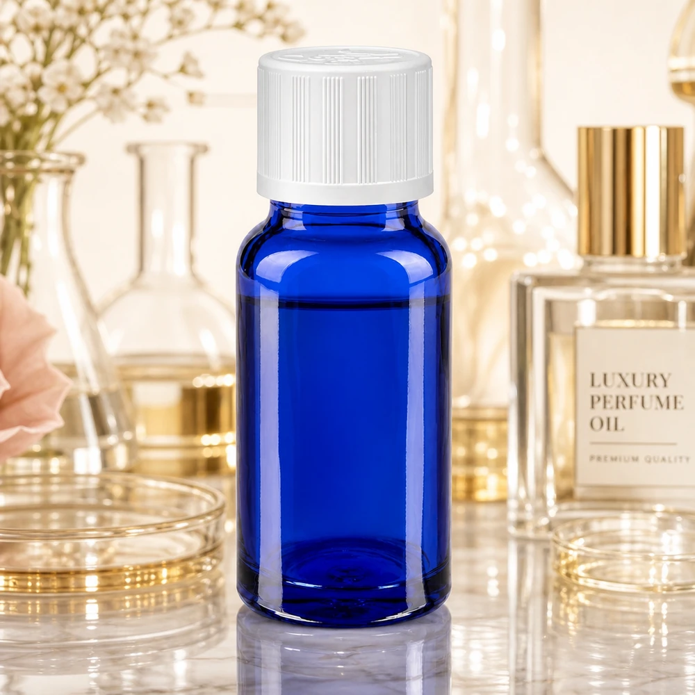 Flacon de pharmacie bleu cobalt de 10 ml avec bouchon de sécurité blanc pour enfants, destiné à un parfum de luxe