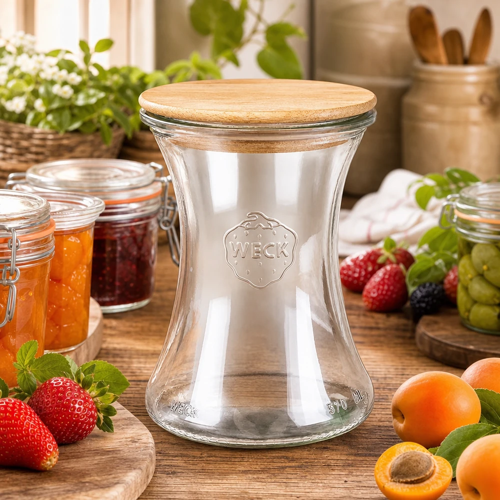 370ml bocal à gourmandises WECK RR80 avec couvercle en bois 370ml WECK Pot d'épicerie fine RR80 avec couvercle en bois dans une cuisine rustique entourée de fruits frais et de pots de confiture