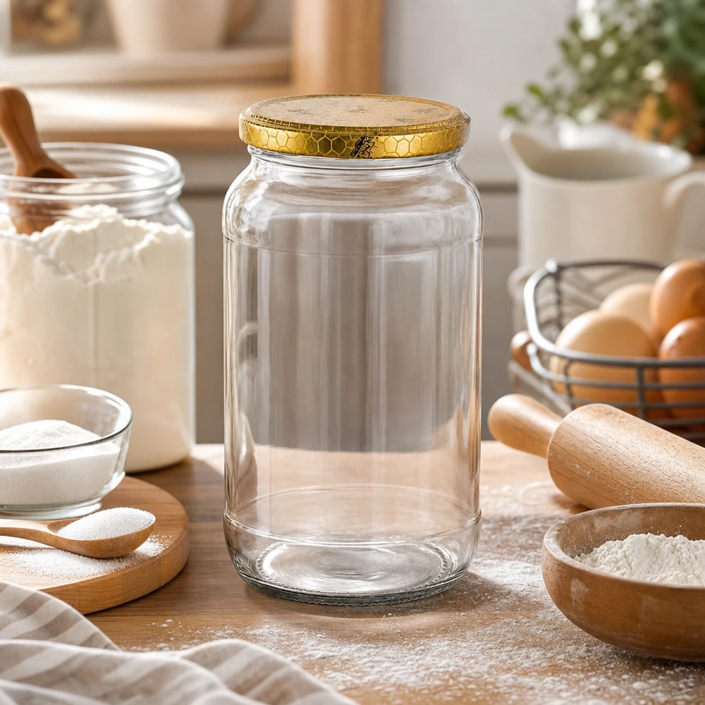 1062ml bocal rond vide dans scène de cuisine avec ingrédients farine oeufs rouleau à pâtisserie couvercle en nid d'abeille doré bocal à provisions