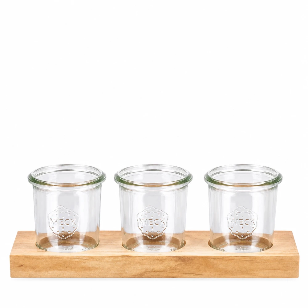 Plateau de service Plano3 avec 3 bocaux Weck de 140 ml Planche de service Plano3 en bois avec 3 verres renversés WECK 140ml pour la cuisine et le rangement