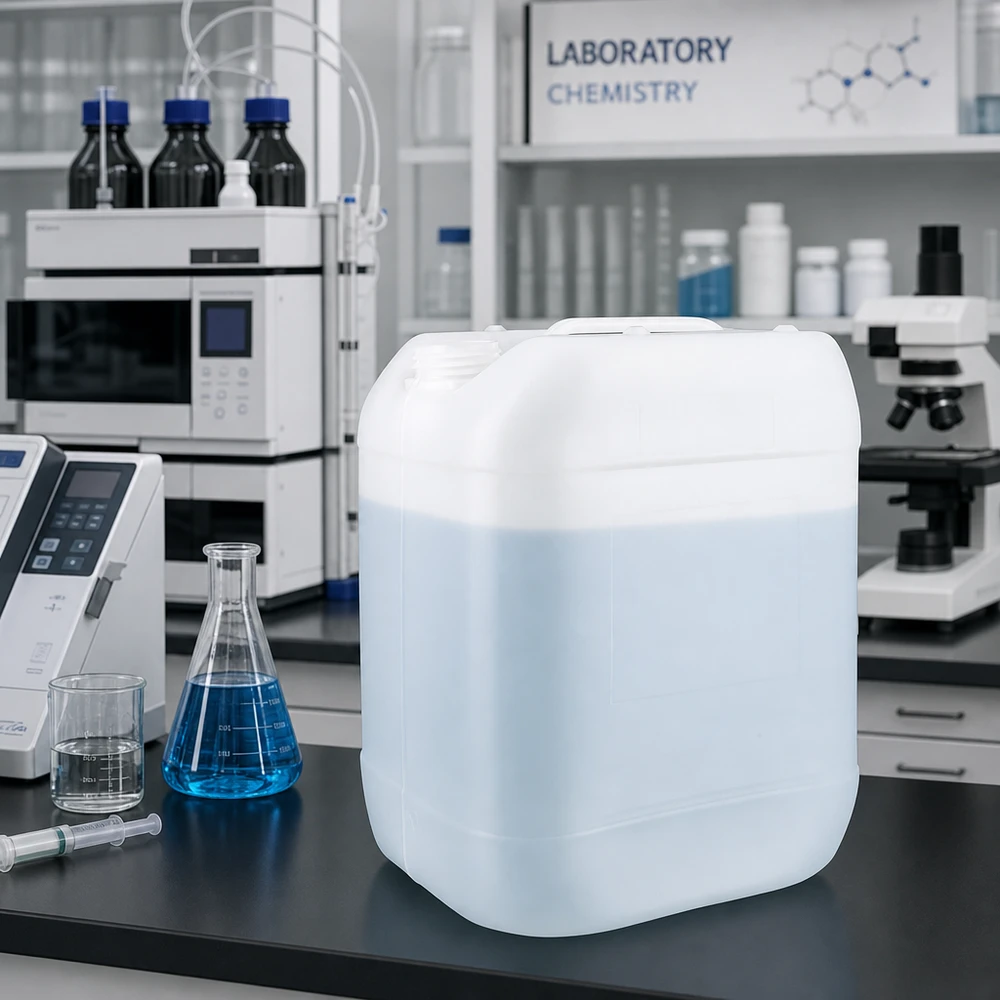 Bidon en PEHD vide de 20 litres, sans bouchon, translucide, posé sur une paillasse de laboratoire à côté d'un flacon d'Erlenmeyer