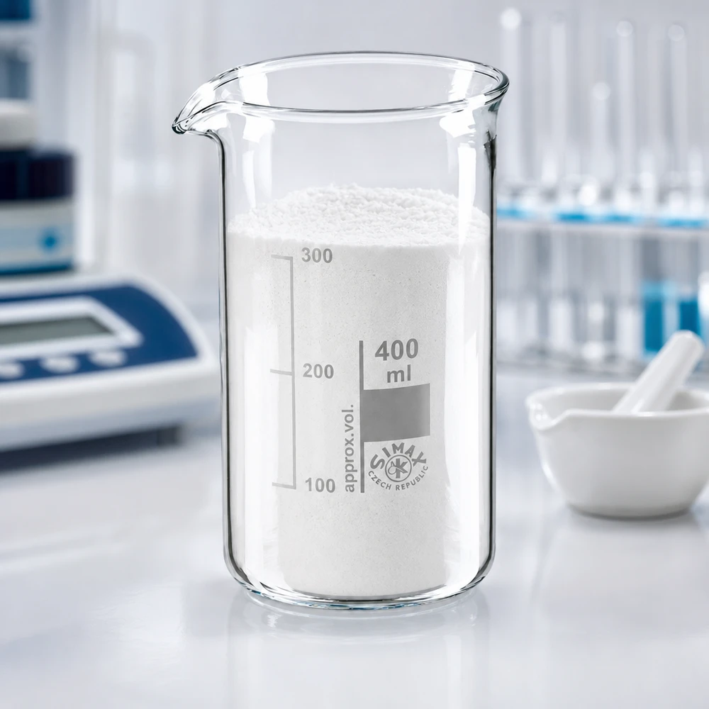 Bécher 400ml en verre borosilicate résistant à la chaleur (forme haute) Bécher de 400 ml, de forme haute, rempli de poudre blanche, dans un laboratoire, à côté d'un mortier et d'un pilon