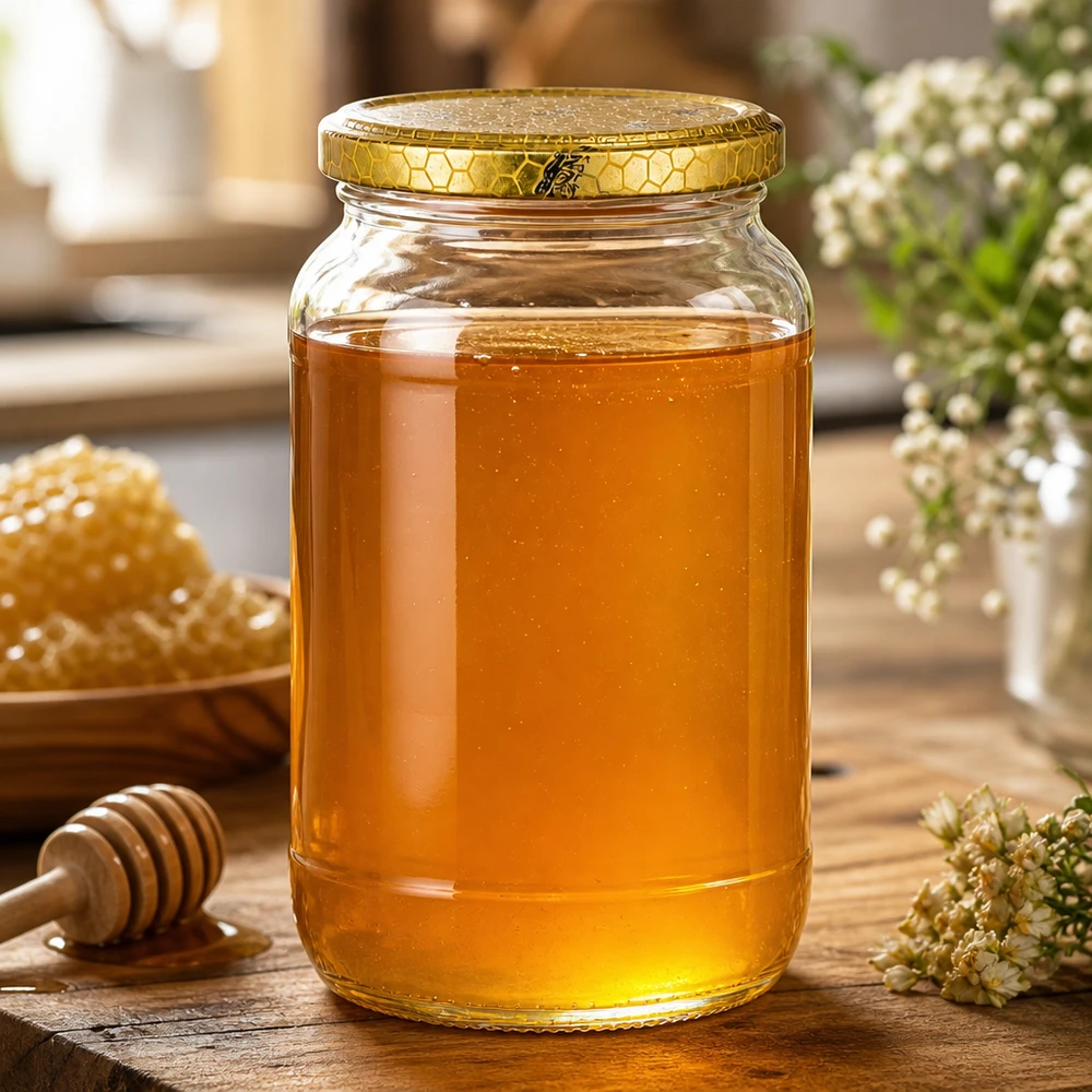 1062ml Verre rond avec couvercle BasicSeal nid d'abeilles UNiTWIST 1062ml Rundglas mit goldenem Bienenwabe-Deckel gefüllt mit Honig neben Waben und Honiglöffel natürliche Küchendeko