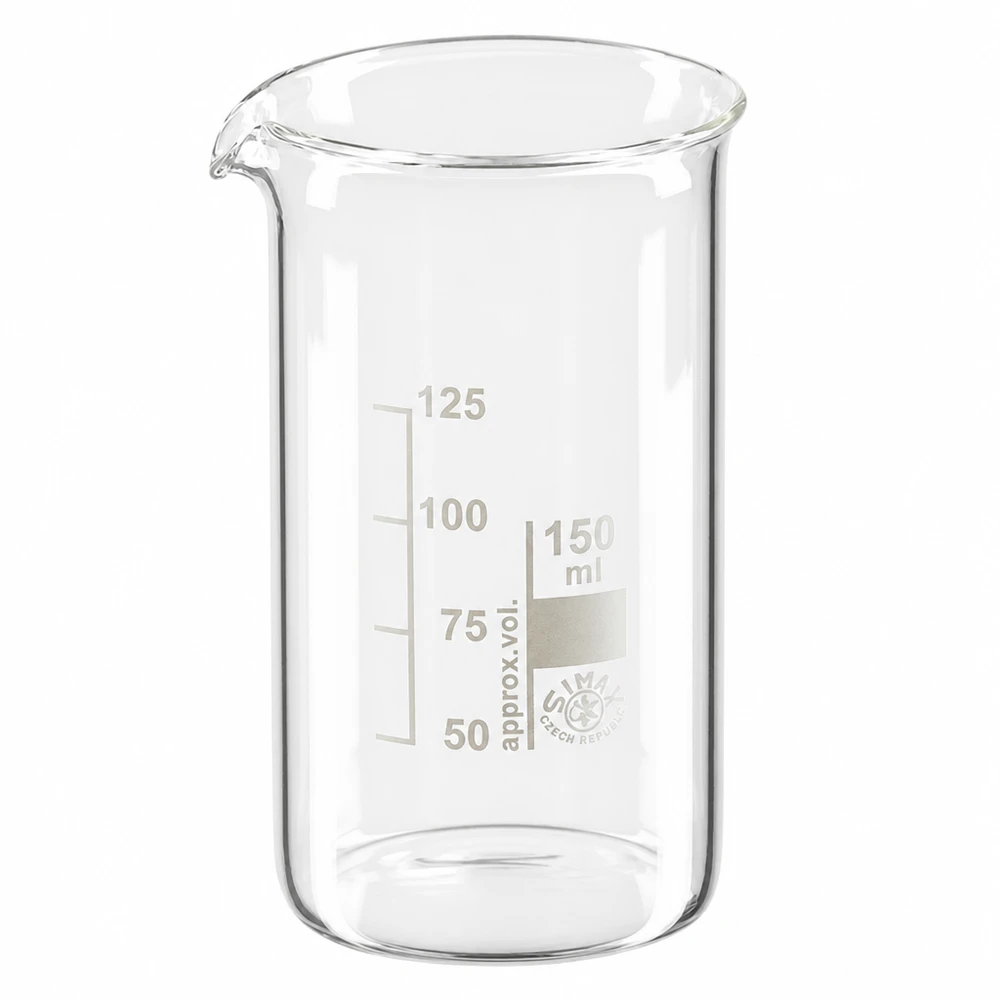 Verre à bec 150 ml, forme haute, en verre borosilicaté, avec graduation en millilitres et bec verseur