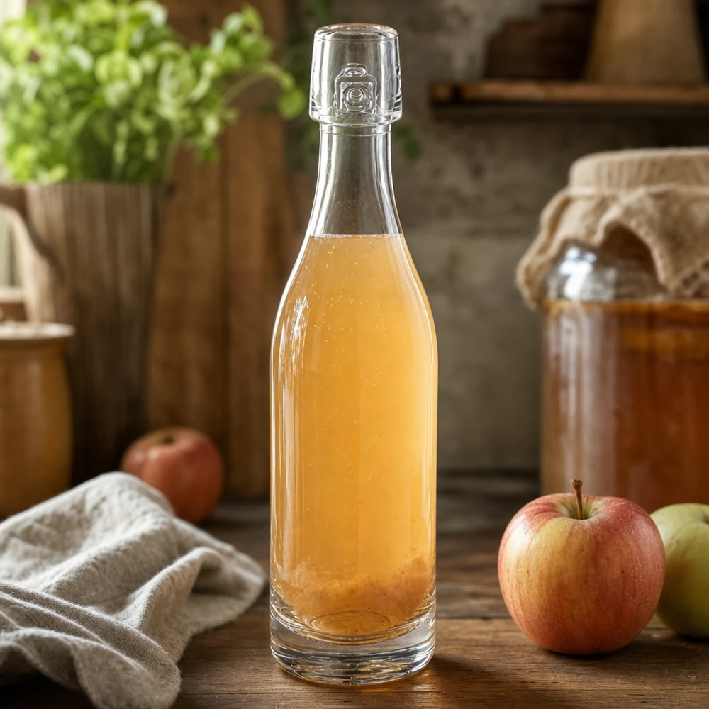 Bouteille en verre de 50 ml sans bouchon mécanique UNiTWIST Bouteille en verre 50ml UNiTWIST remplie de jus de pomme à côté de pommes fraîches scène de cuisine rustique fond en bois