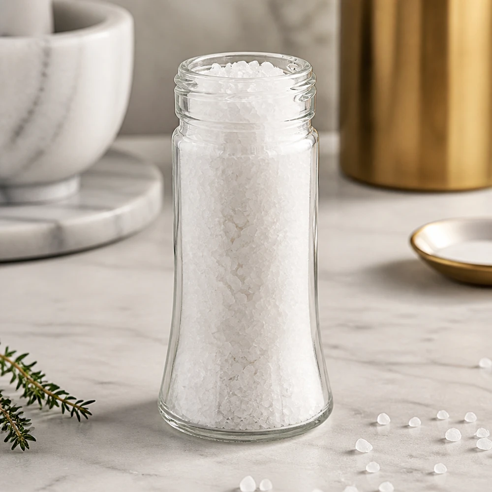Pot à épices de forme trapézoïdale 95 ml avec filetage 41 mm, en verre clair sans couvercle Pot à sel Bobby de 95 ml rempli de gros sel marin, posé sur un socle en marbre blanc
