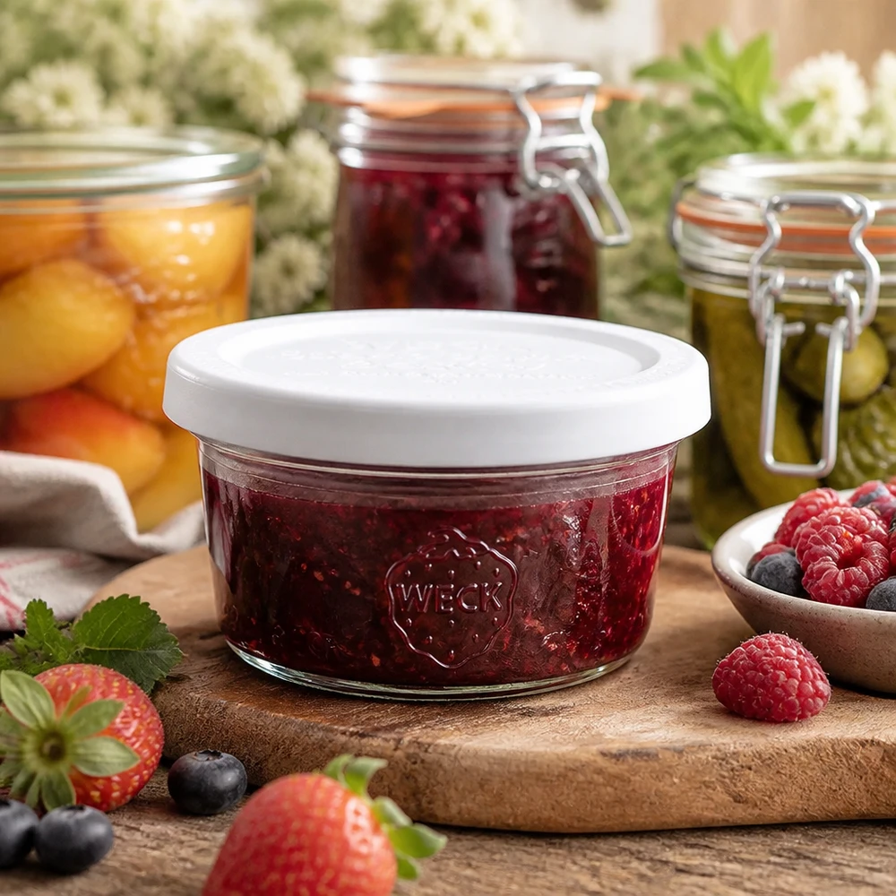 50ml bocal conique avec couvercle fraîcheur WECK RR60 WECK Pot renversé 50ml RR60 rempli de confiture sur planche en bois entouré de baies fraîches et de bocaux