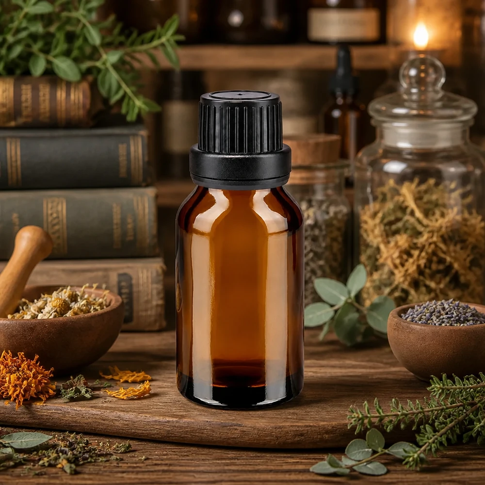 Flacon de pharmacie marron de 15 ml muni d'un bouchon à vis noir, entouré d'herbes médicinales et de fleurs séchées