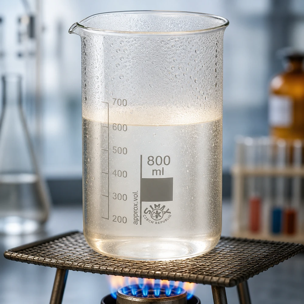 Bécher 800ml en verre borosilicate résistant à la chaleur (forme haute) Bécher de 800 ml, de forme haute, chauffé au bec Bunsen et contenant un liquide limpide jusqu'à un niveau de 650 ml