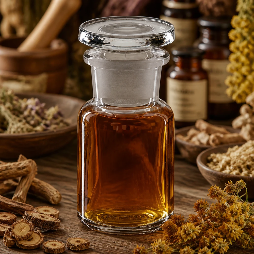 Flacon pharmaceutique 50 ml col large + bouchon verre clair Flacon transparent à col large de 50 ml avec bouchon en verre, posé sur une table en bois parmi des herbes médicinales et des racines