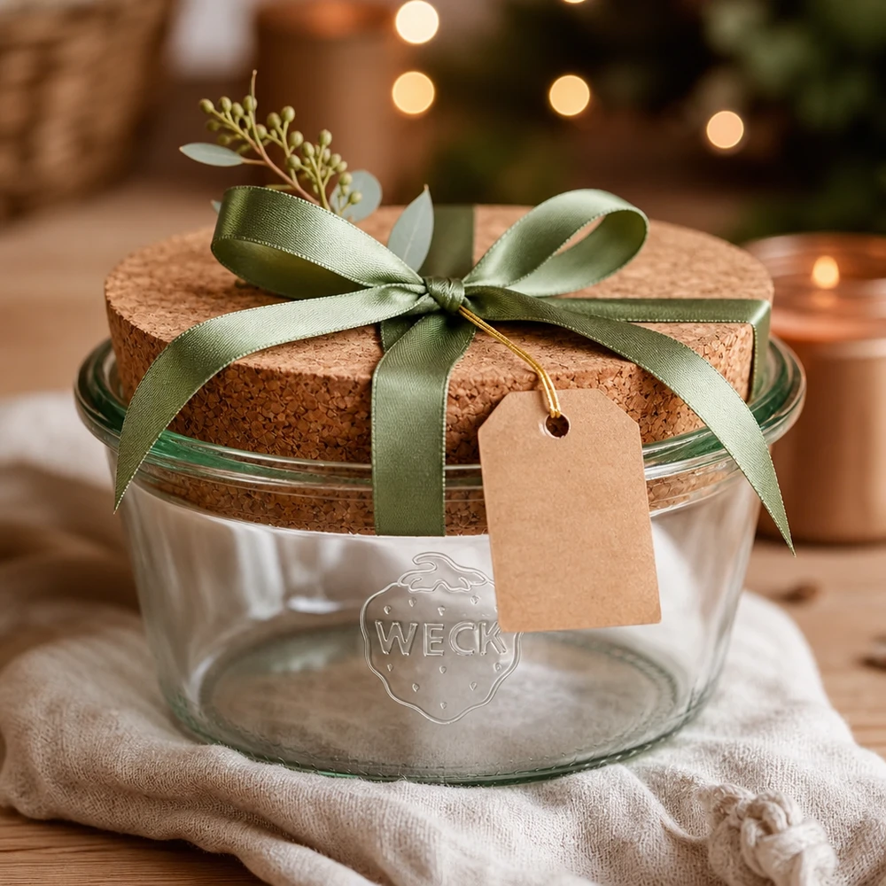 WECK Verre renversé 290ml RR100 avec bouchon comme emballage cadeau décoré d'un ruban vert et d'un pendentif