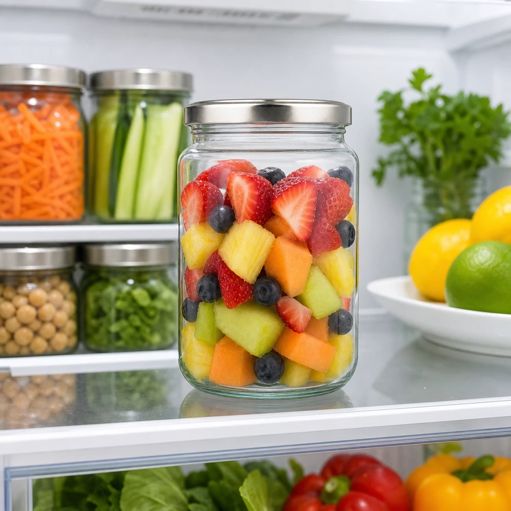 Pot rond de 382ml avec couvercle argenté rempli de salade de fruits au réfrigérateur Food Prep Meal Prep bocal de conservation