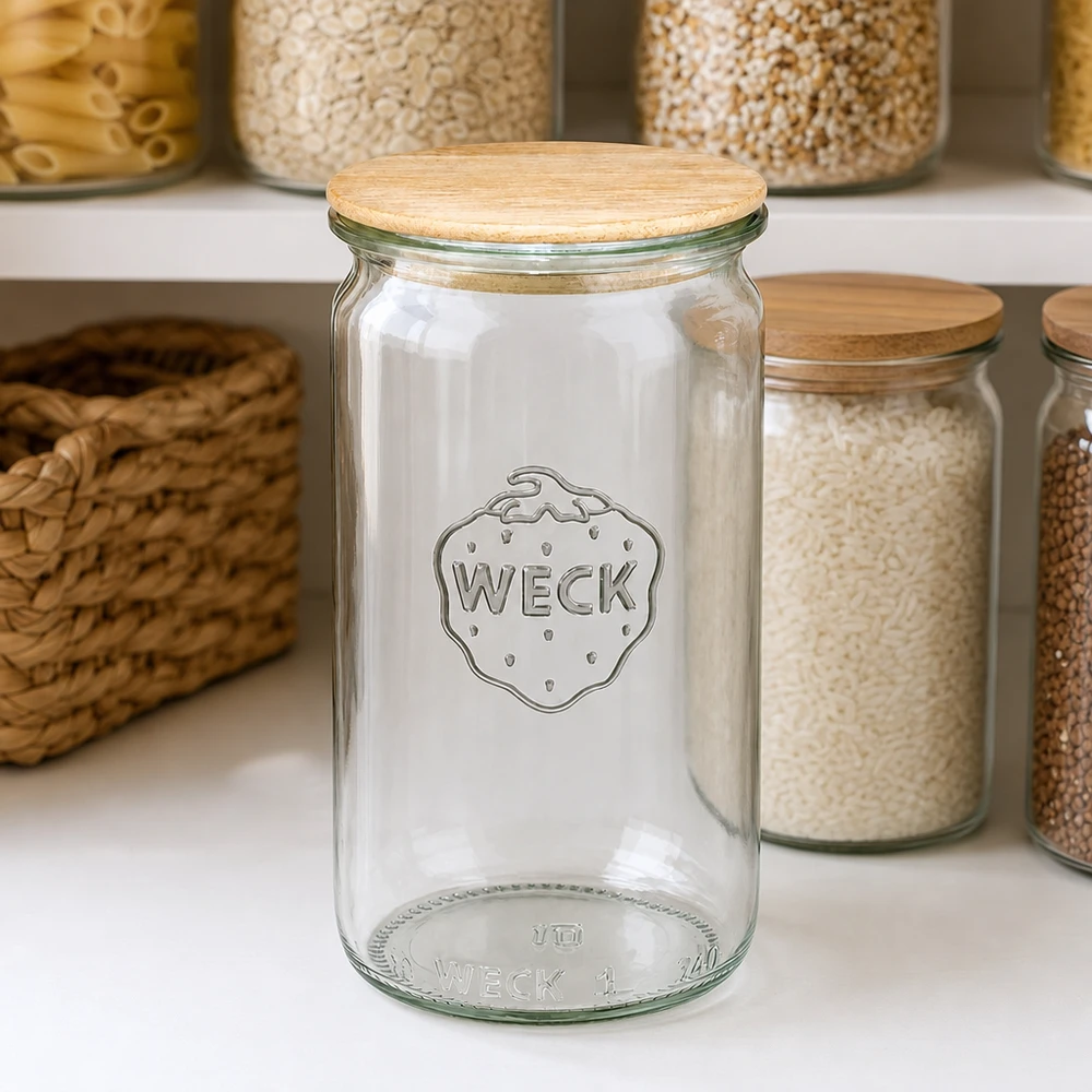 340ml bocal cylindrique WECK RR60 avec couvercle en bois WECK Pot cylindrique 340ml RR60 vide avec couvercle en bois dans une cuisine organisée entre des bocaux à provisions remplis