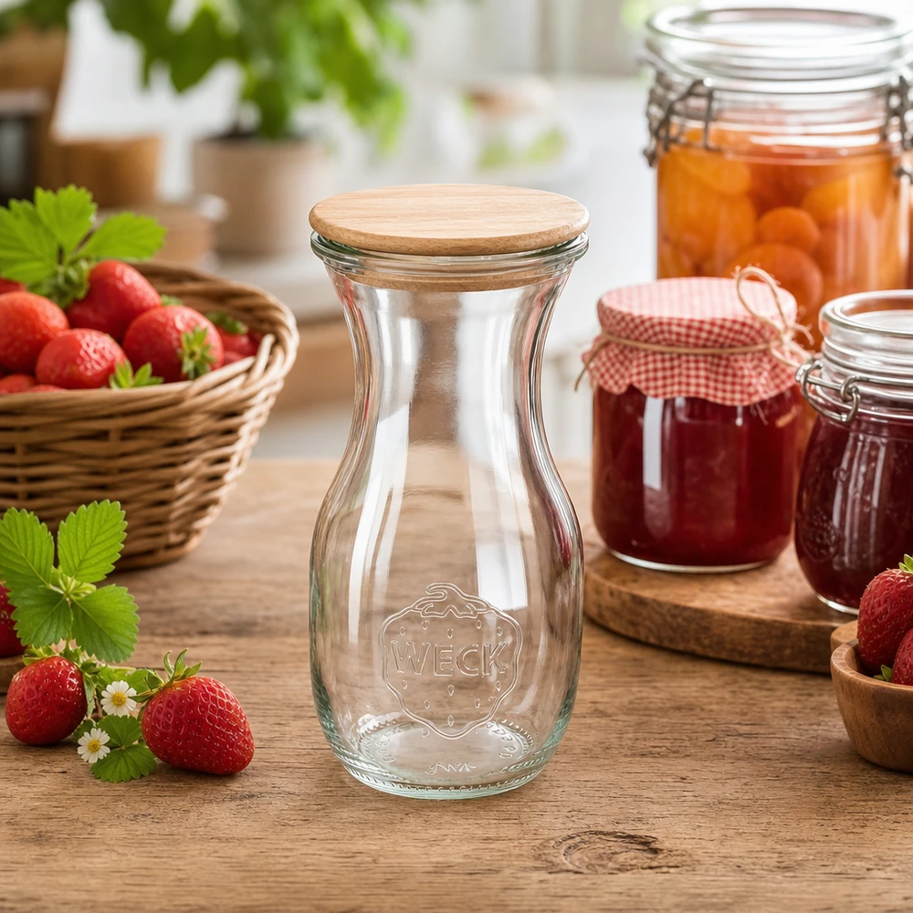 290ml Bouteille à jus de fruits WECK RR60 avec couvercle en bois WECK Bouteille de jus 290ml avec couvercle en bois dans un environnement de cuisine naturel avec des fraises et des pots de confiture