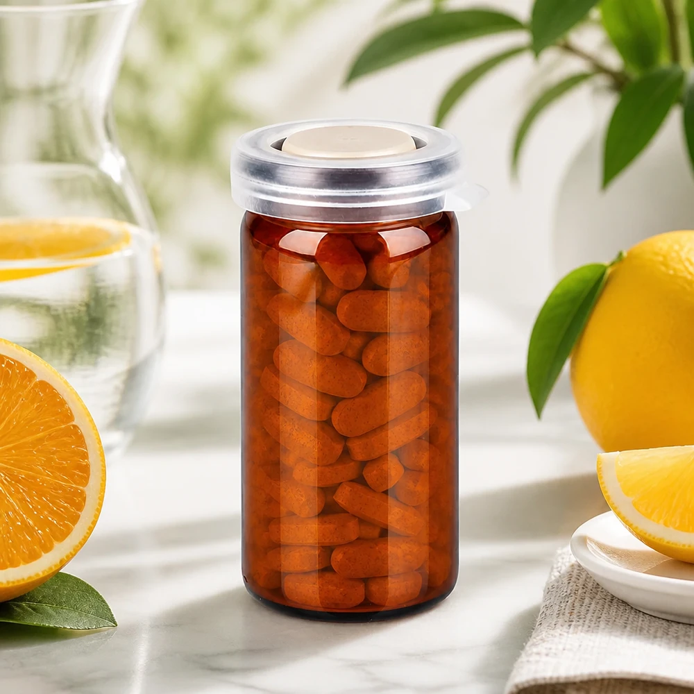 Flacon à bord roulé de 10 ml, brun, avec bouchon à pression, rempli de comprimés ovales de vitamine C de couleur orange