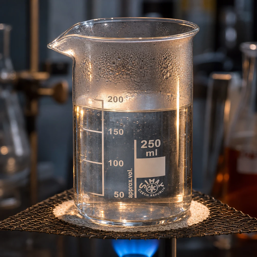 Bécher de 250 ml, de forme haute, posé sur une grille métallique au-dessus d'un bec Bunsen pendant le chauffage dans un laboratoire de chimie