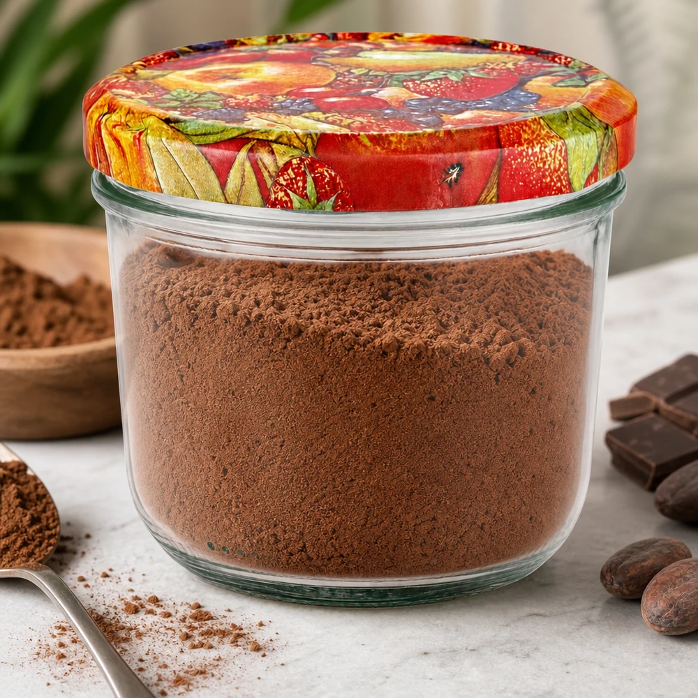 230ml Verre conique avec couvercle BasicSeal décor fruits UNiTWIST Verre renversé de 230 ml rempli de poudre de cacao et couvercle coloré BasicSeal décor fruits entouré de chocolat et de cacao