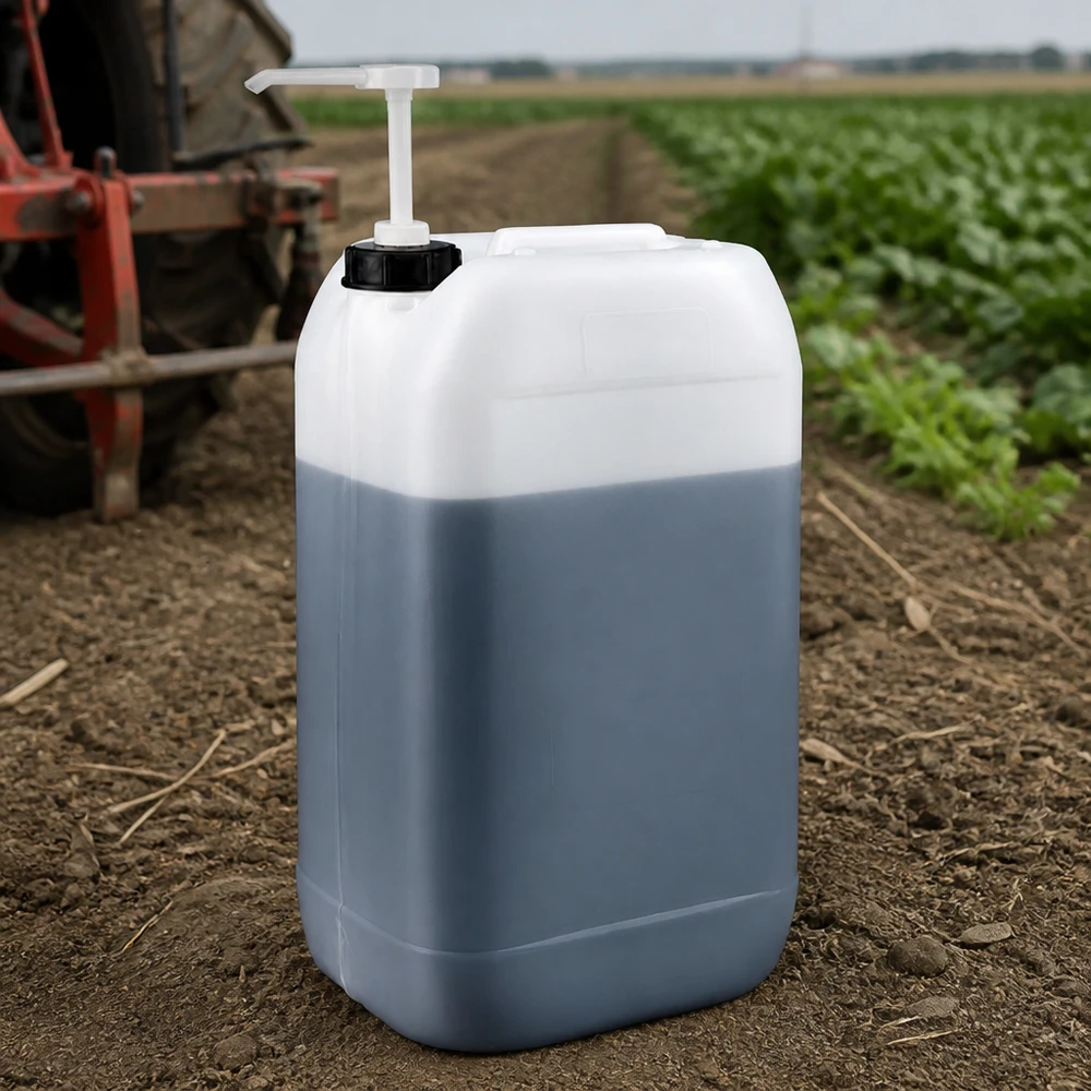 Jerrican de 15 litres avec pompe doseuse Bidon de 15 litres muni d'une pompe doseuse, posé dans un champ à côté d'un tracteur rouge, destiné à un usage agricole
