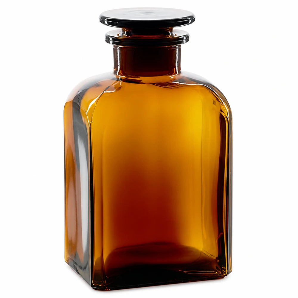Flacon carré col large 500 ml + bouchon RIN, verre ambré Bouteille carrée de 500 ml, brune, à col large, avec bouchon en verre, en verre de laboratoire de haute qualité
