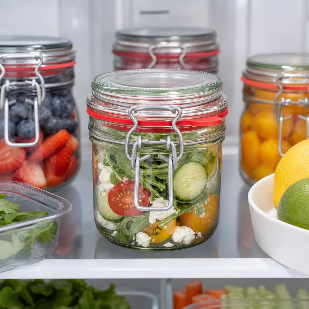Bocal de conservation de 255 ml, type G, avec bouchon à clip UN.. 255ml Vorratsglas mit Bügelverschluss im Kühlschrank mit frischem Salat gefüllt neben anderen Meal-Prep-Gläsern