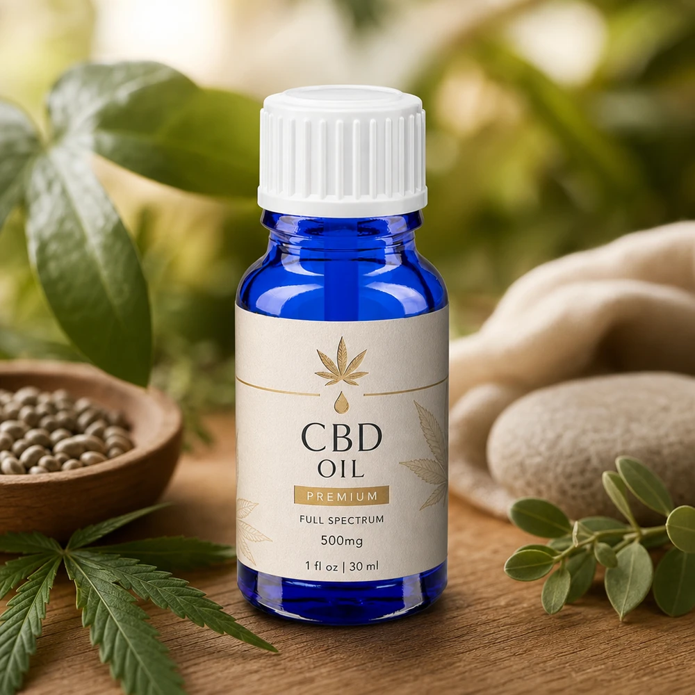 Flacon de pharmacie bleu de 10 ml muni d'un embout pinceau blanc pour une application uniforme de l'huile de CBD