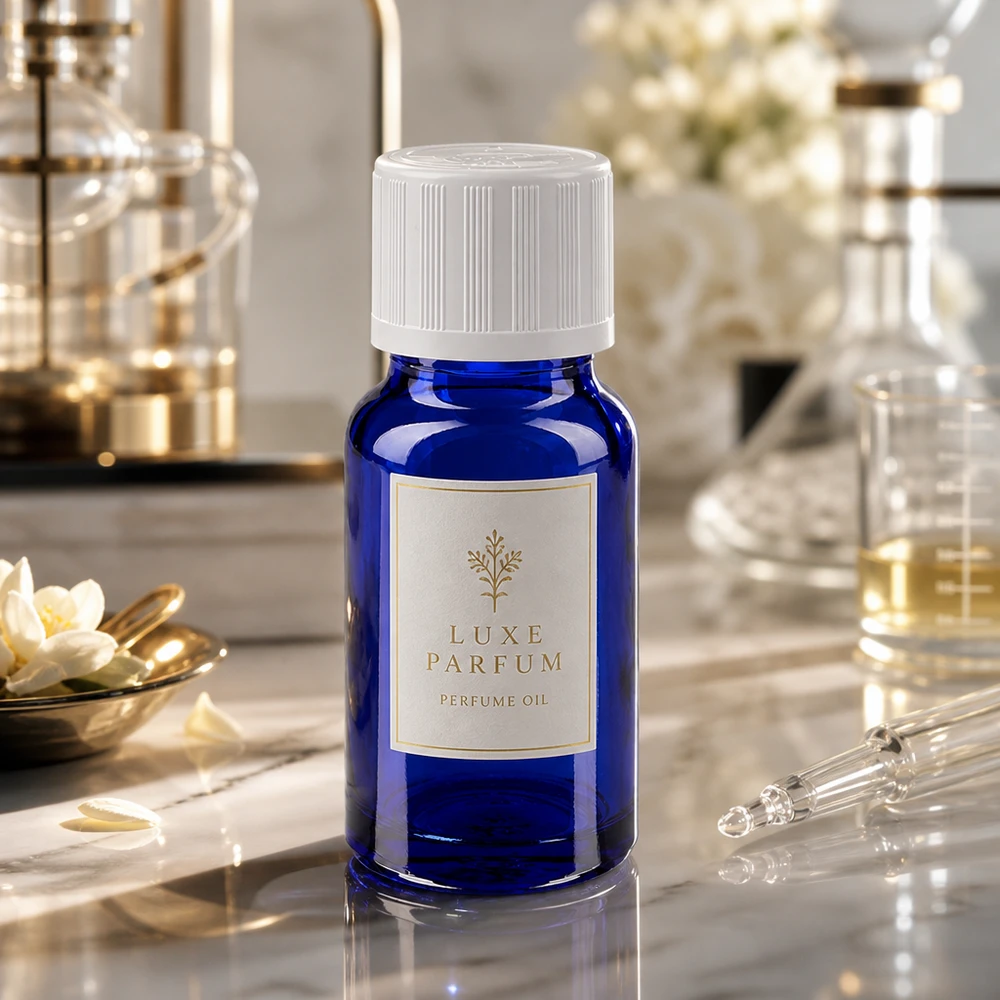 Huile parfumée Luxe Parfum dans un flacon compte-gouttes bleu cobalt de 10 ml muni d'un bouchon de sécurité blanc pour enfants