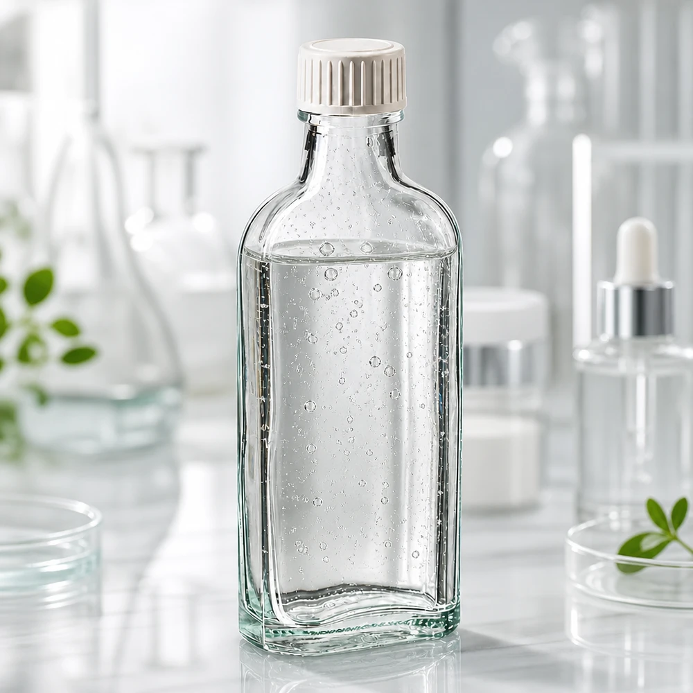 Flacon de laboratoire Meplat transparent de 100 ml avec bouchon à vis et insert en mousse PE, sur fond blanc de laboratoire