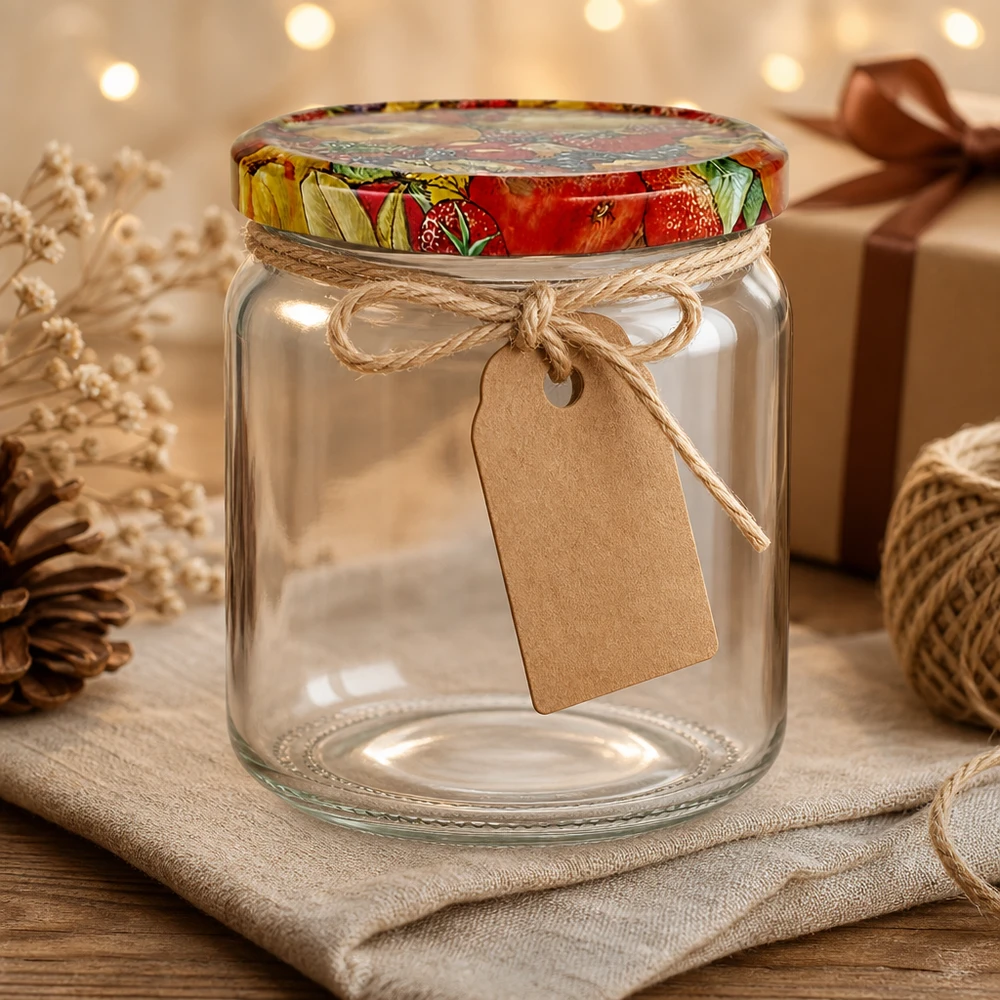 Bocal rond vide de 408ml avec couvercle BasicSeal Décor de fruits comme idée de cadeau décoré avec un pendentif en papier kraft et une ficelle de jute