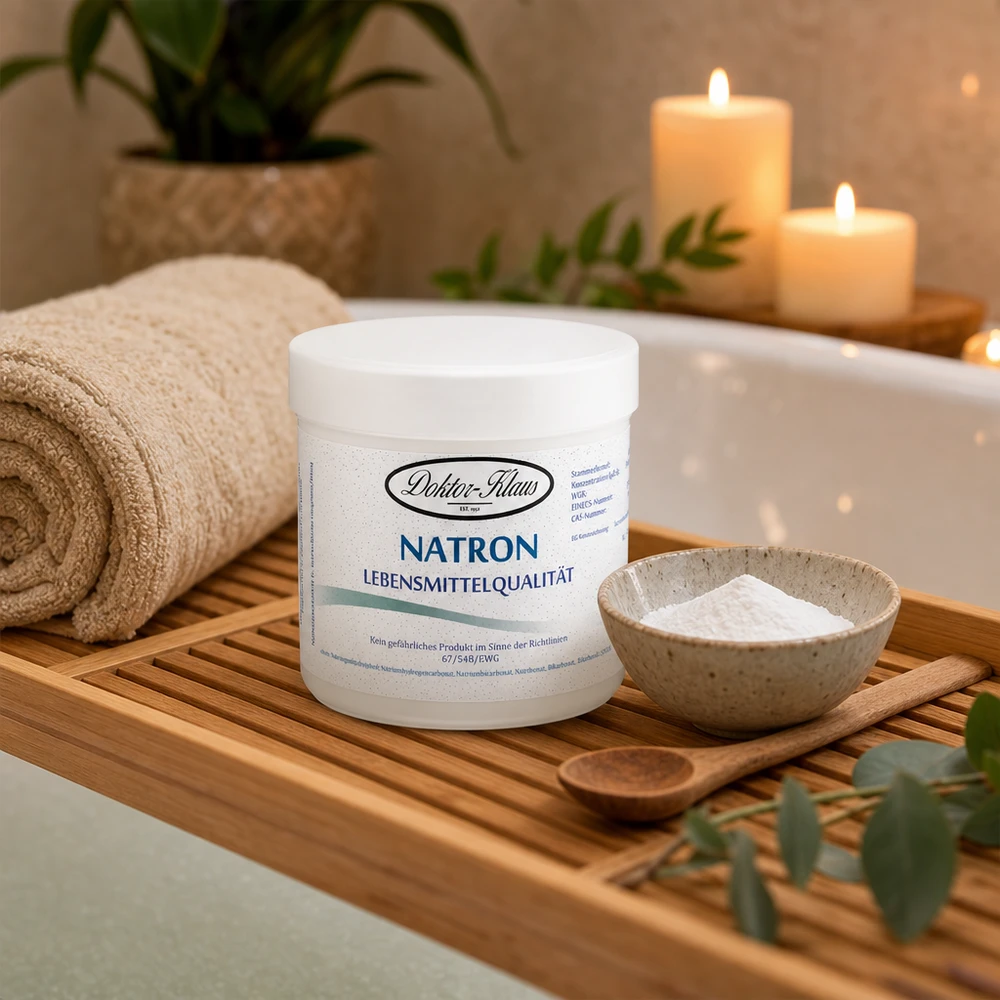 Bicarbonate de soude Doktor Klaus, en boîte blanche de 250 g, apte à l’utilisation alimentaire Bicarbonate de soude Docteur Klaus 250g qualité alimentaire dans la salle de bain bien-être pour des bains complets relaxants