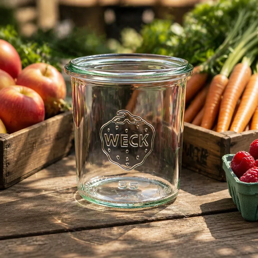 140ml WECK Pot renversé RR60 Pot de conservation sur table en bois avec fruits et légumes frais en arrière-plan