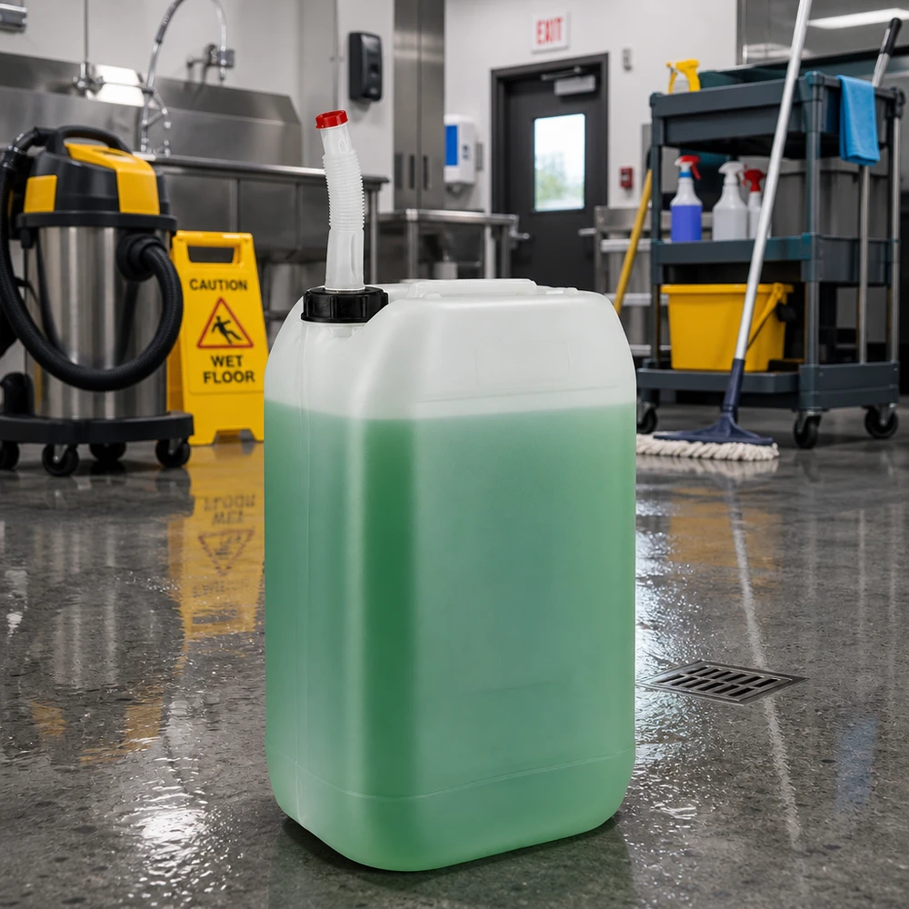 Liquide de nettoyage vert dans un bidon de 15 litres muni d'un bec verseur flexible, sur le sol de la cuisine