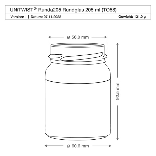 205ml Verre rond sans couvercle (TO58) UNiTWIST Dessin technique UNiTWIST Runda205 verre rond 205ml TO58 avec dimensions Diamètre 56mm Hauteur 92,5mm Poids 121g