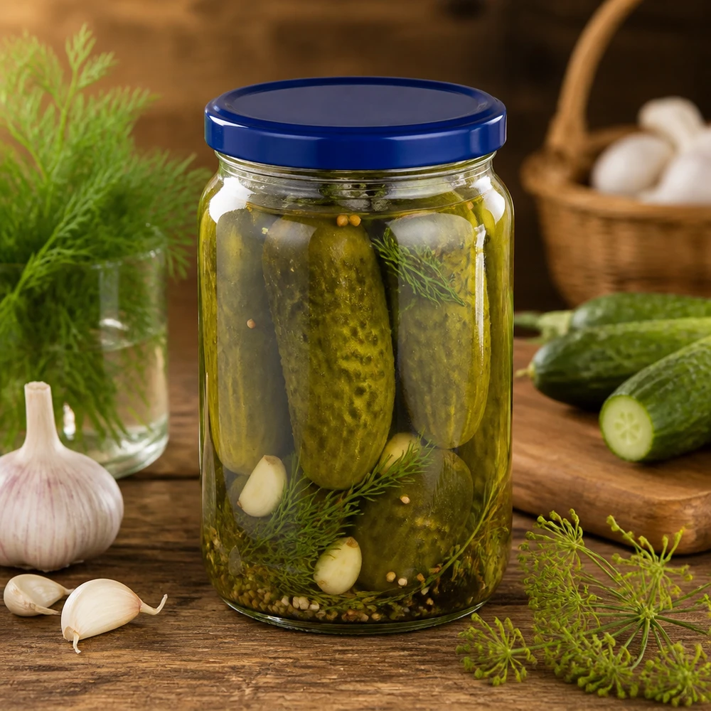 795ml Verre rond avec couvercle BasicSeal bleu UNiTWIST 795ml Rundglas mit blauem UNiTWIST Deckel für eingelegte Gurken mit Dill Knoblauch und Gewürzen perfekt zum Einmachen
