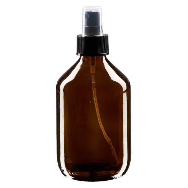 Flacon médical norme européenne de 300 ml avec spray noir GCMI 28/410 et couvercle transparent, standard Flacon médical norme européenne de 300 ml avec spray noir GCMI 28/410 et couvercle transparent, standard