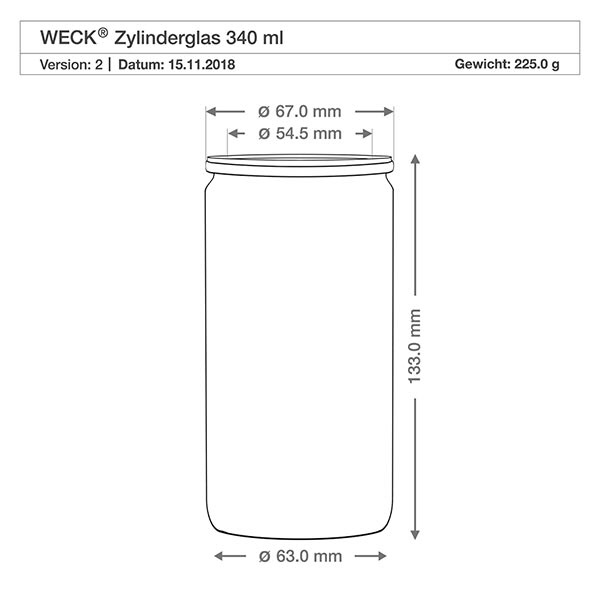WECK Verre cylindrique 340ml RR60 Dessin coté avec dimensions 67mm diamètre 133mm hauteur spécification technique du produit