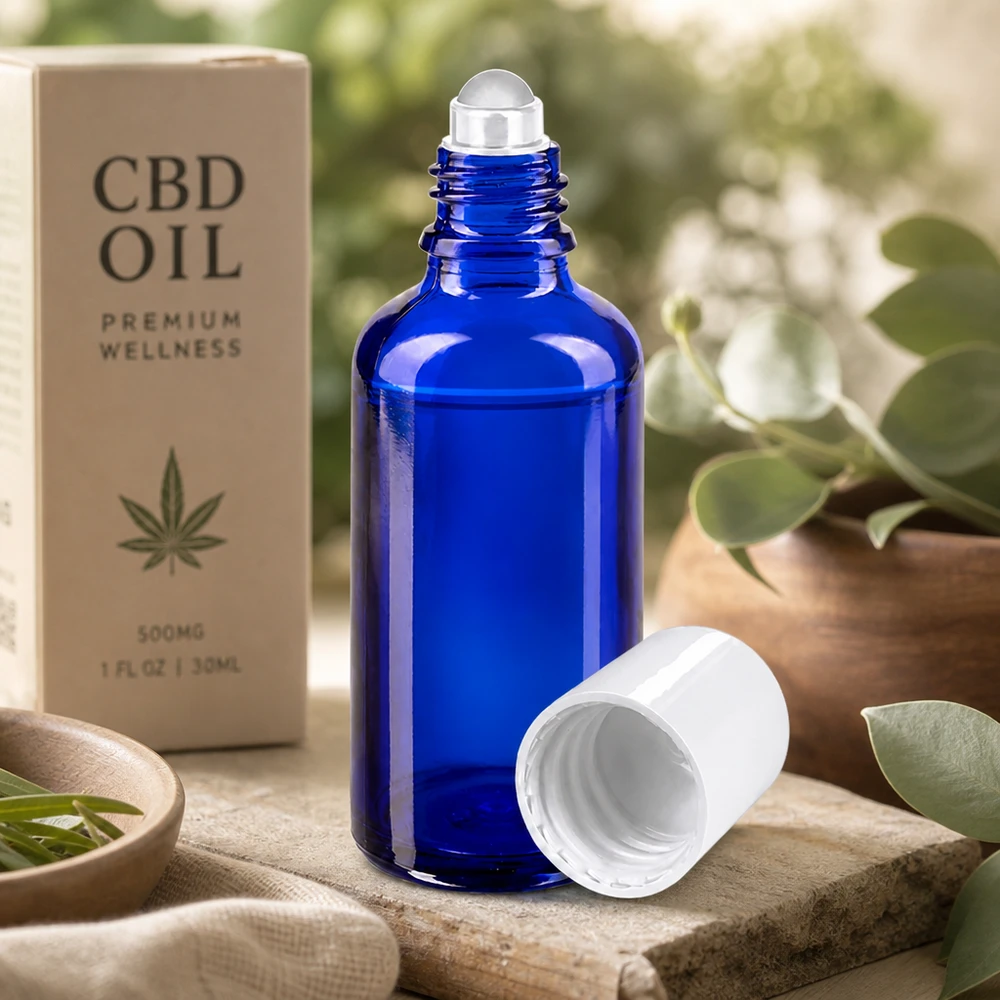 Flacon de pharmacie bleu 50ml Roll-On bouchon blanc Flacon en verre d'apothicaire bleu de 50 ml avec applicateur à bille, idéal pour les huiles de CBD, les sérums et les produits de soins corporels