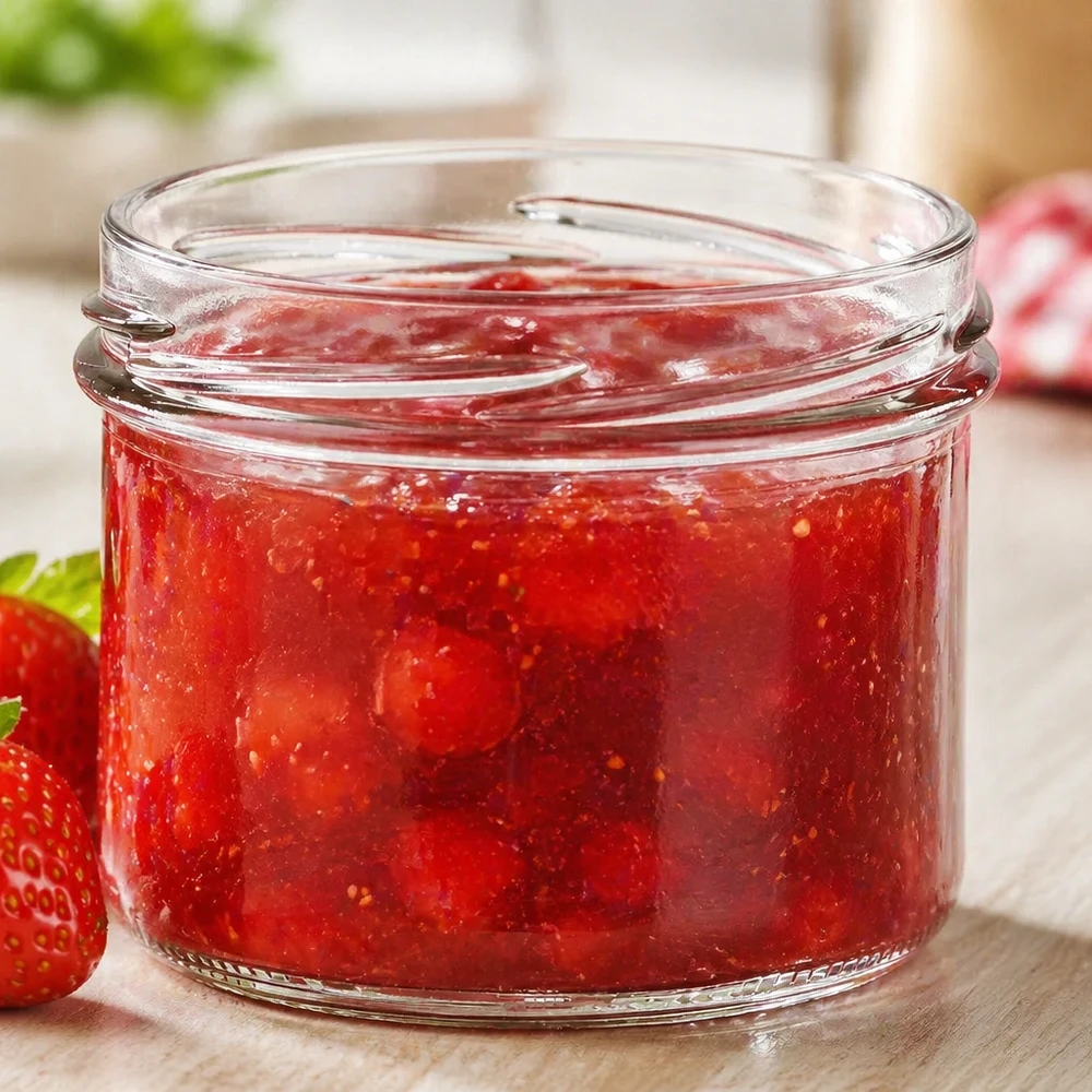 UNiTWIST Sturz225 - Verre renversé contenu 225ml TO82 UNiTWIST Sturz225 Verre renversé 225ml TO82 rempli de confiture de fraises rouges sur table en bois avec fraises fraîches