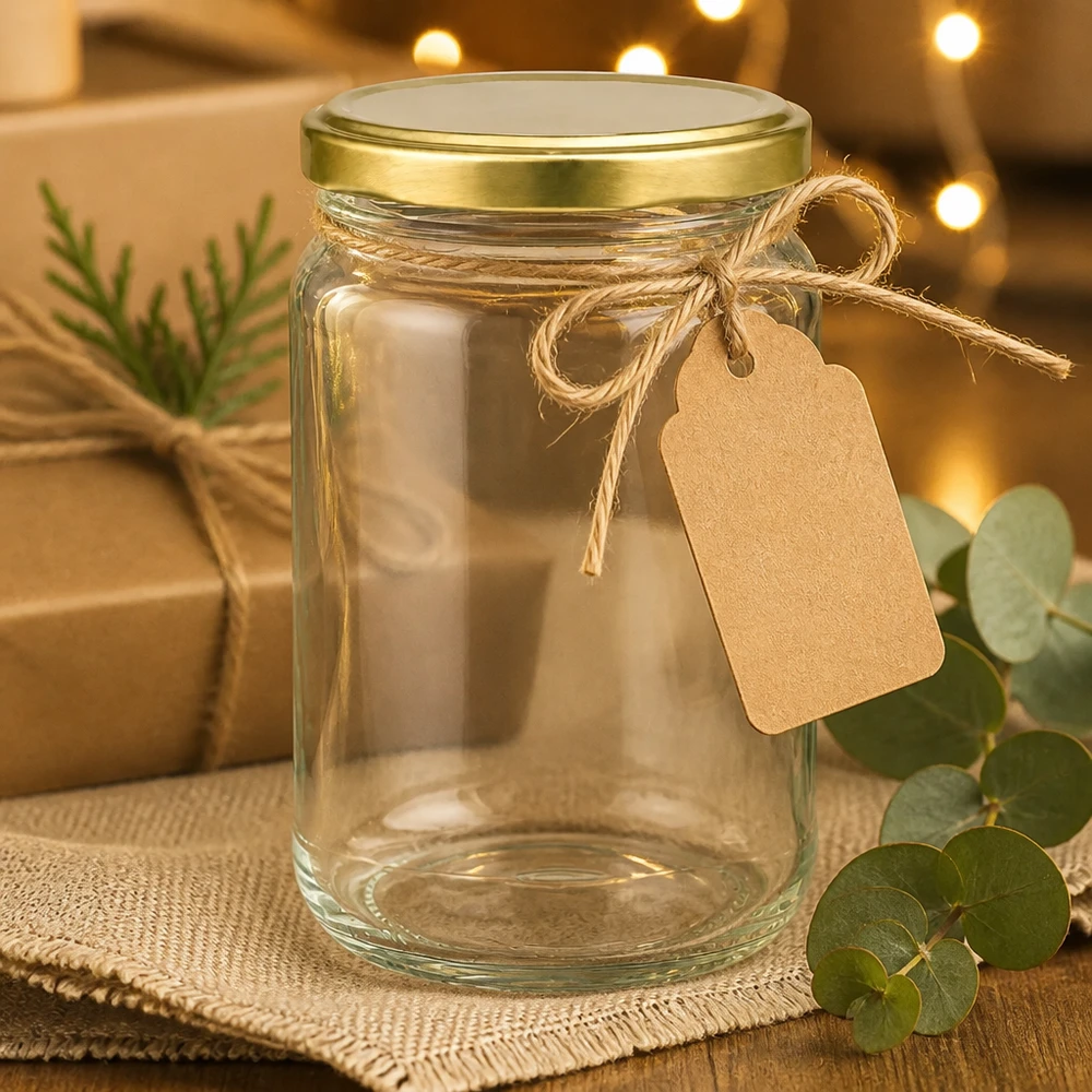 305ml Verre rond avec couvercle BasicSeal or UNiTWIST 305ml Rundglas UNiTWIST gold mit Geschenkanhänger - leeres Einweckglas dekorativ präsentiert für Geschenkideen