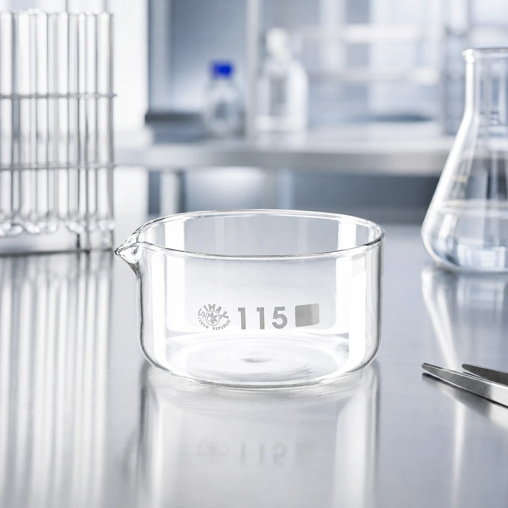 Cuve de cristallisation SIMAX 500 ml en verre borosilicaté, posée sur une table en acier inoxydable de laboratoire professionnel, ø 115 mm